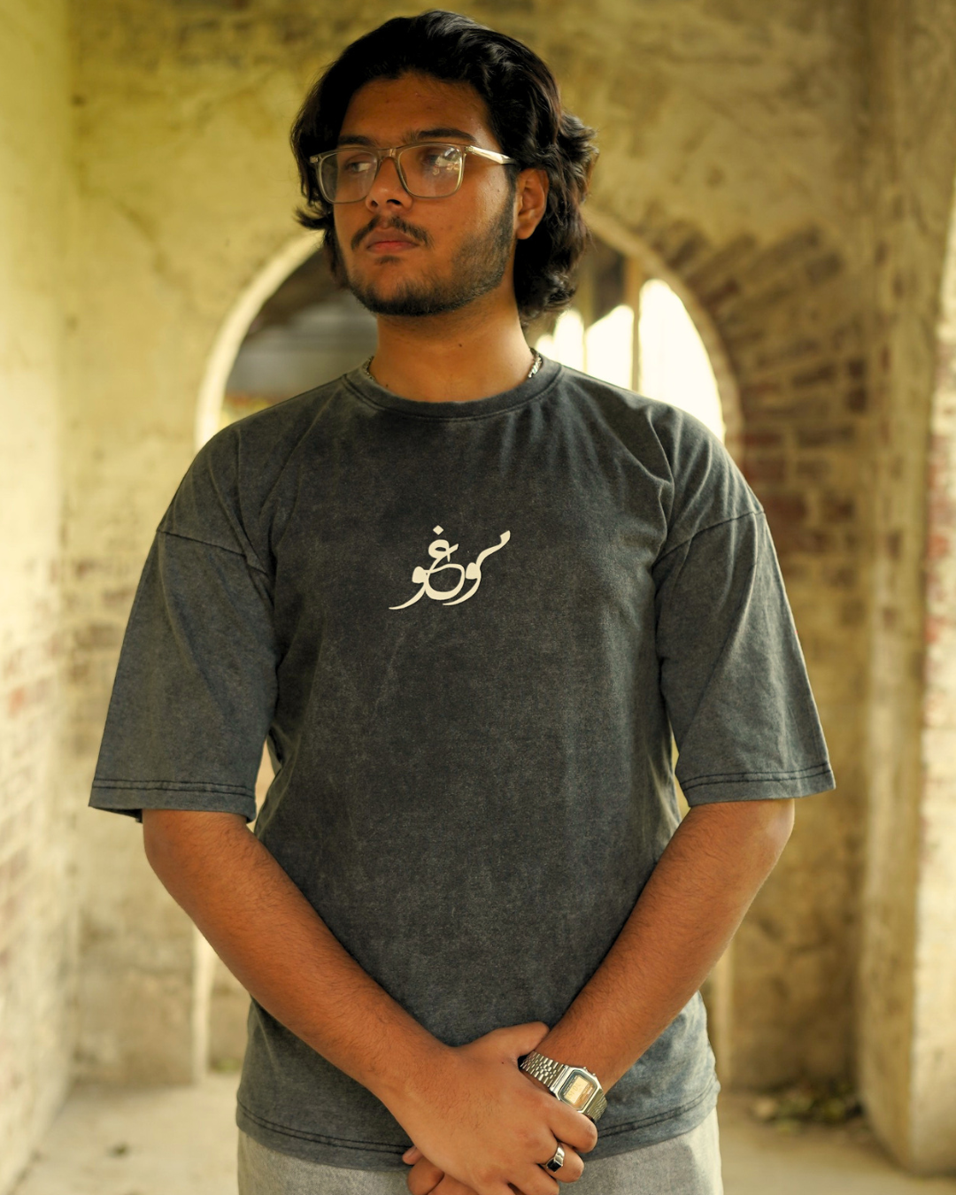 Umeed – Grey Acid Wash Drop Shoulder Tee | Urdu Poetry | امید – Unisex Shirt