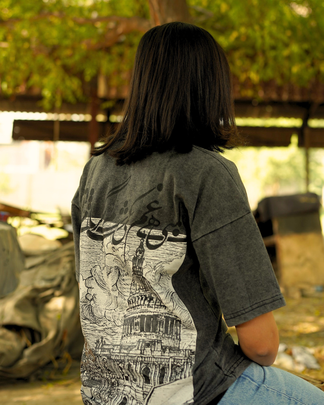 Umeed – Grey Acid Wash Drop Shoulder Tee | Urdu Poetry | امید – Unisex Shirt